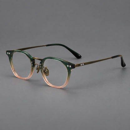 Retro acetate and titanium eyeglasses with softly rounded rims and a metal bridge in Green Pink Gradient / Antique Bronze, three quarter view front view