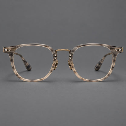 Retro acetate and titanium eyeglasses with softly rounded rims and a metal bridge in Light Grey Woodgrain, front view temple detail