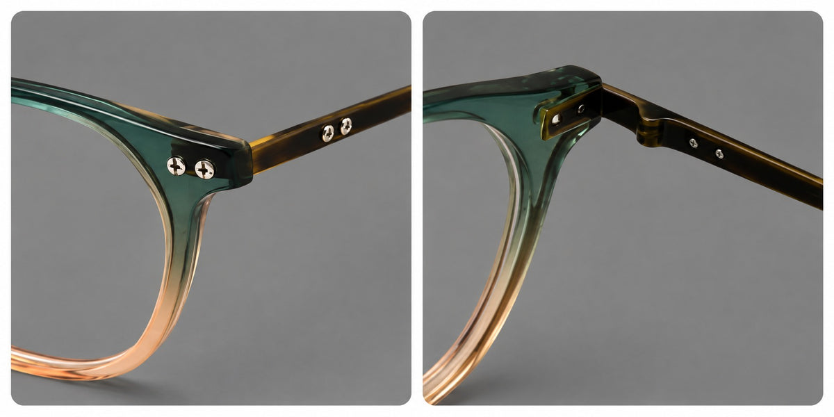Retro acetate and titanium eyeglasses with softly rounded rims and a metal bridge, frame details