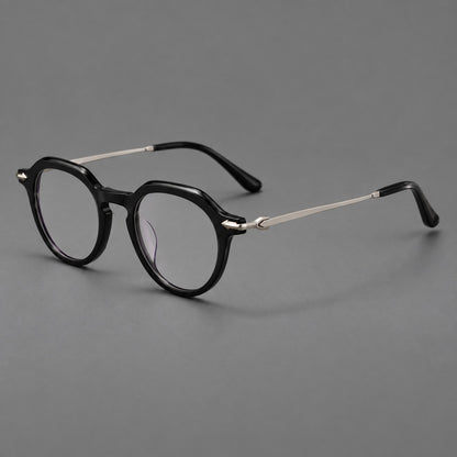 Retro acetate and titanium eyeglasses with panto rims and decorative arrow corner accents in Black / Silver, three quarter view additional product view