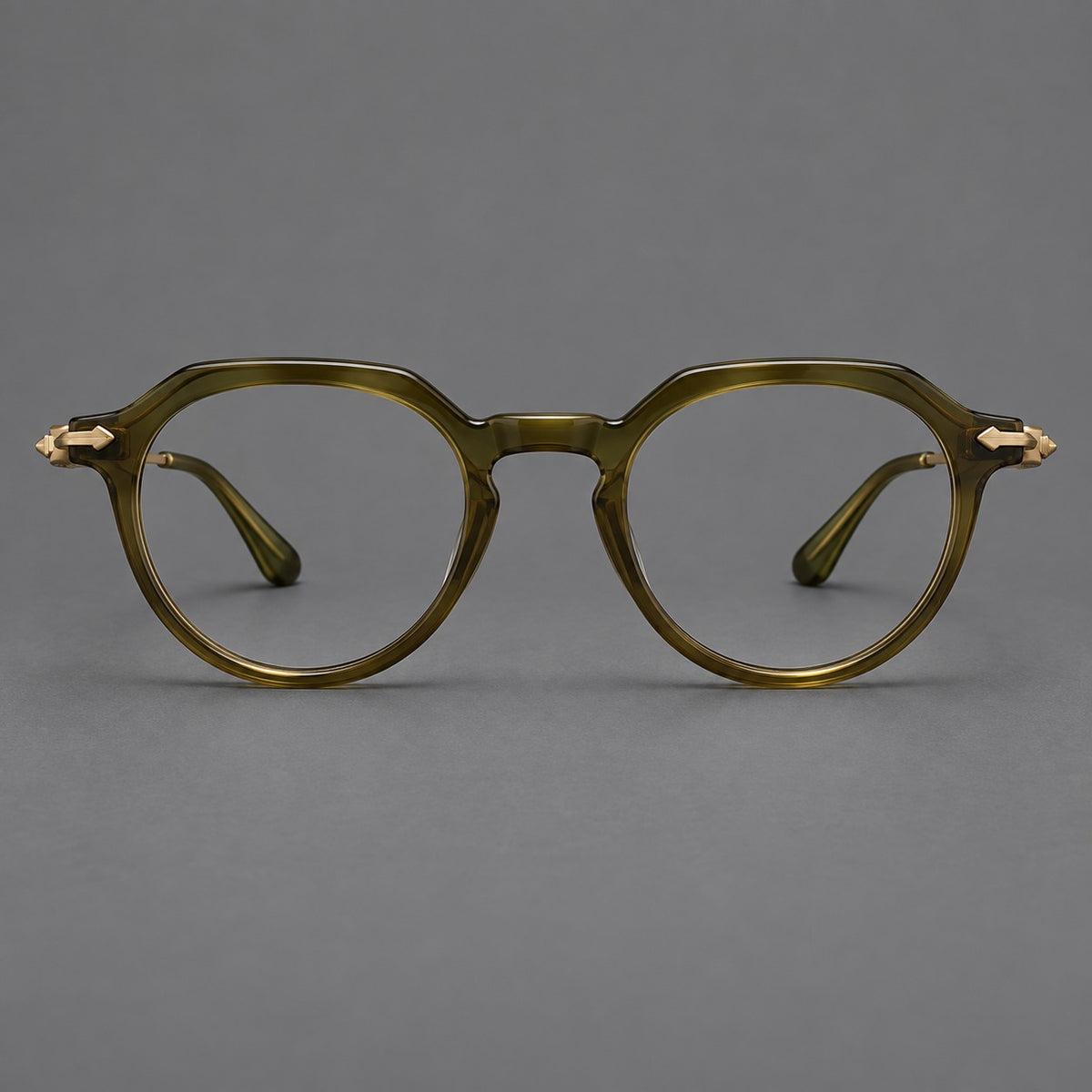 Retro acetate and titanium eyeglasses with panto rims and decorative arrow corner accents in Army Green / Antique Bronze, front view