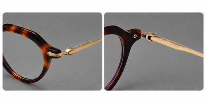 Retro acetate and titanium eyeglasses with panto rims and decorative arrow corner accents, frame details additional product view