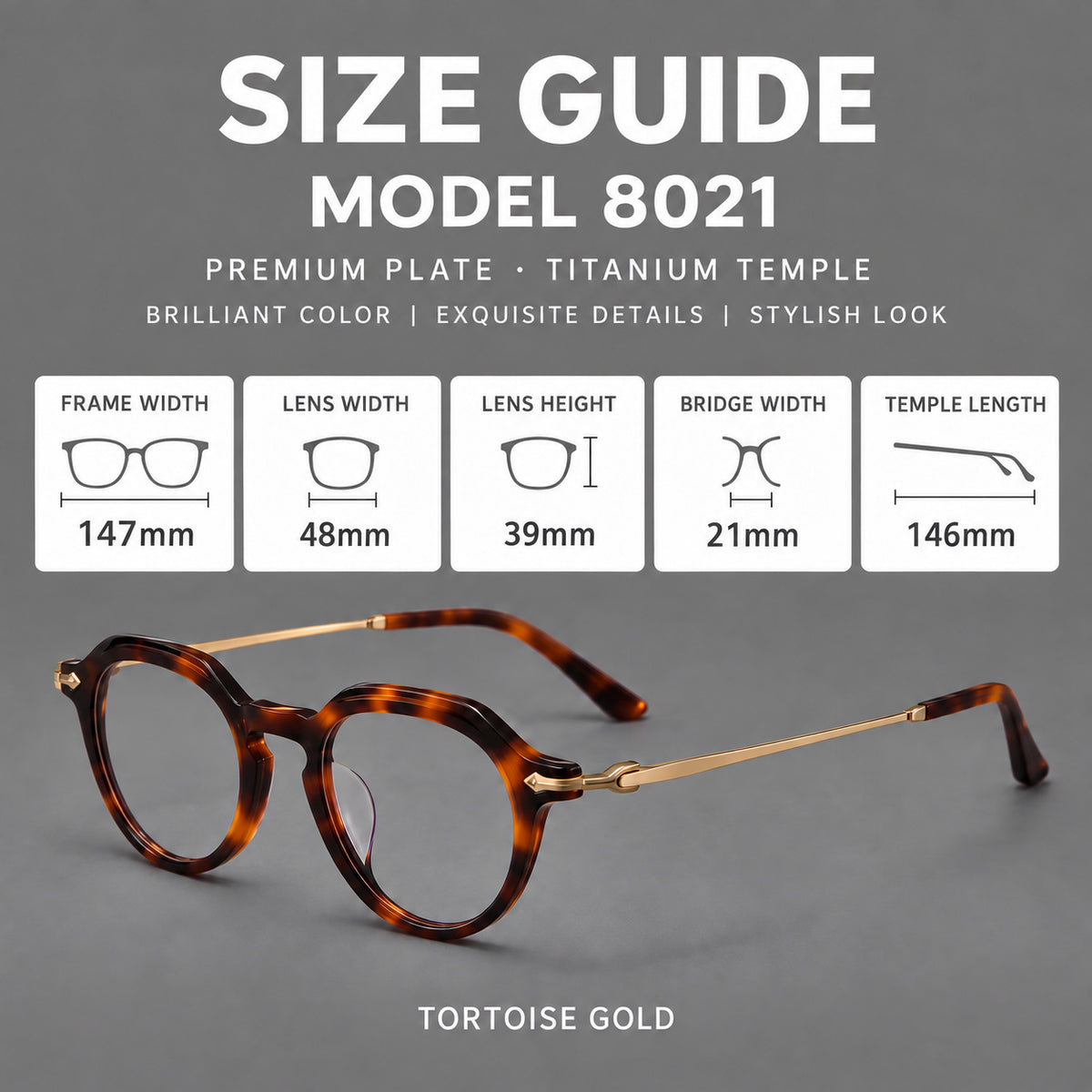 Retro acetate and titanium eyeglasses with panto rims and decorative arrow corner accents, size guide in millimetres