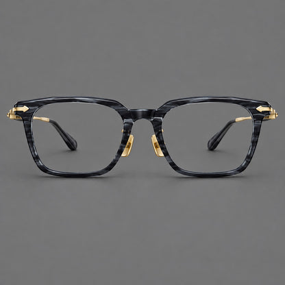 Bold acetate and titanium eyeglasses with rectangular rims and sculpted arrow accents in Grey Blue Woodgrain / Light Gold, front view side view