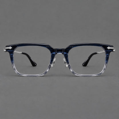 Bold acetate and titanium eyeglasses with rectangular rims and sculpted arrow accents in Blue Gradient / Silver Grey, front view additional product view