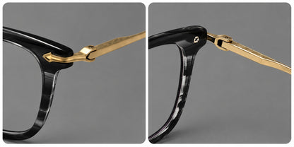 Bold acetate and titanium eyeglasses with rectangular rims and sculpted arrow accents, frame details additional product view