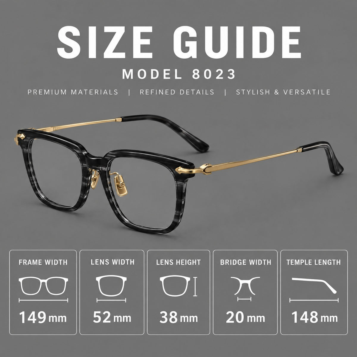 Bold acetate and titanium eyeglasses with rectangular rims and sculpted arrow accents, size guide in millimetres