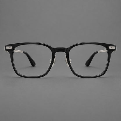 Classic acetate and titanium eyeglasses with rounded square rims and textured corner accents in Black / Silver, front view additional product view