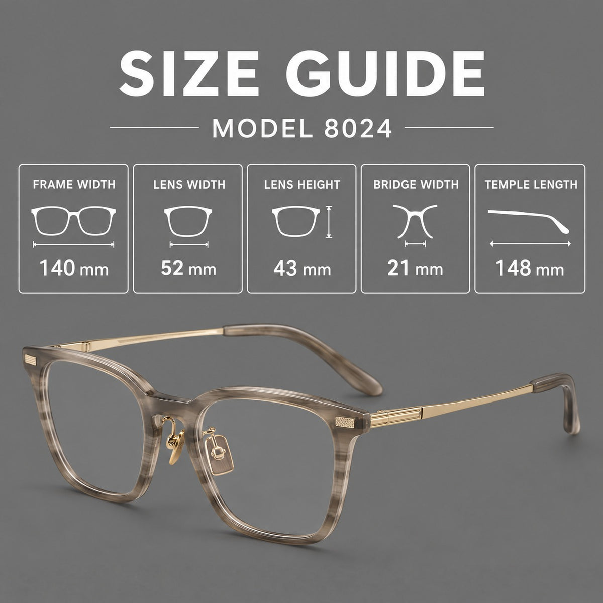 Classic acetate and titanium eyeglasses with rounded square rims and textured corner accents, size guide in millimetres