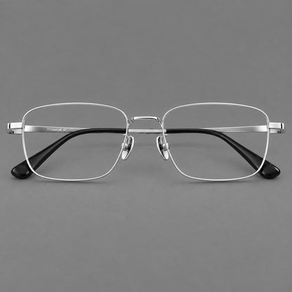 Modern square titanium glasses with an angular bridge and broad straight temples in Silver, front view additional product view