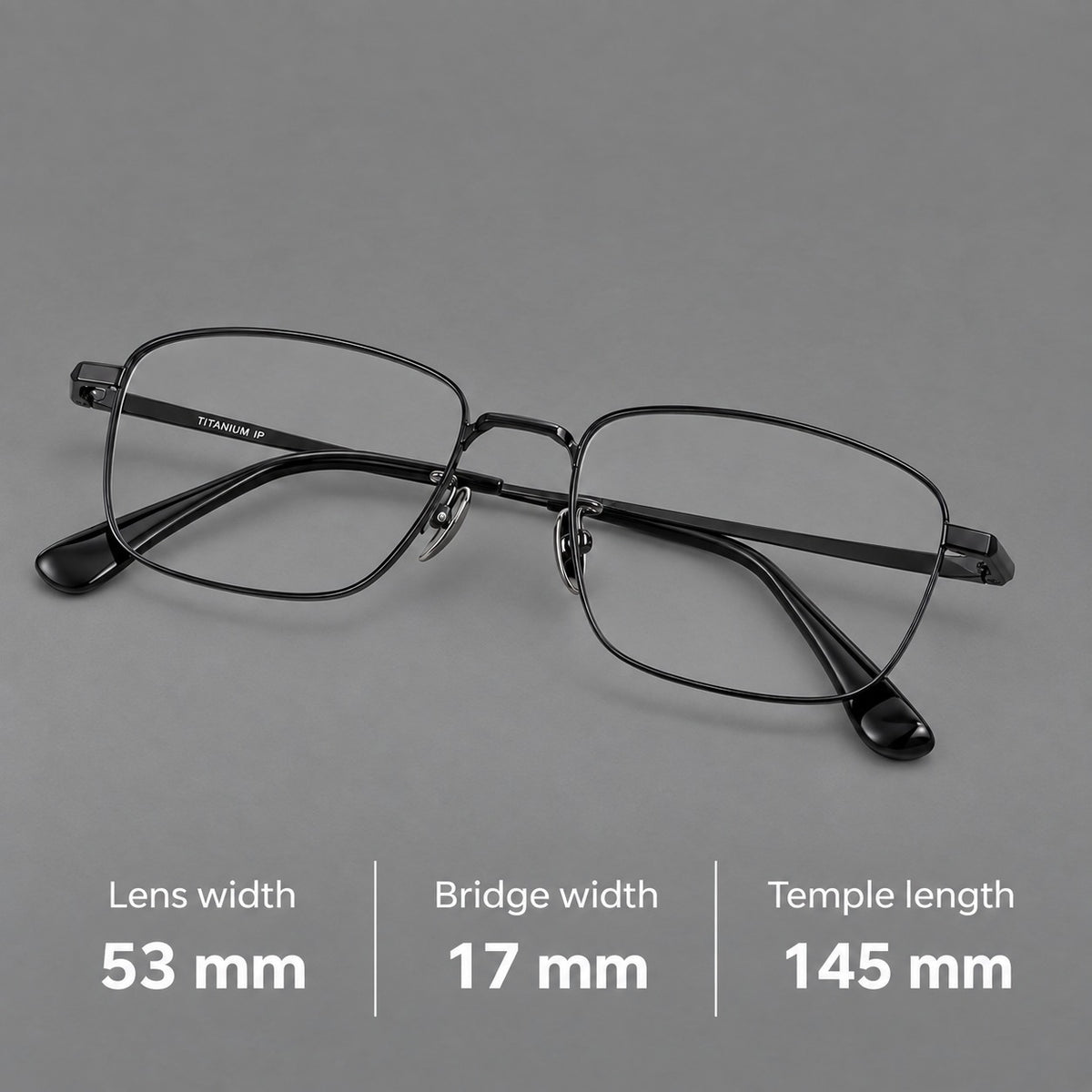Modern square titanium glasses with an angular bridge and broad straight temples, size guide in millimetres