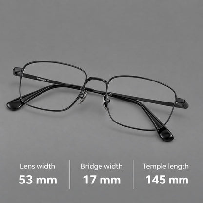 Modern square titanium glasses with an angular bridge and broad straight temples, size guide in millimetres additional product view