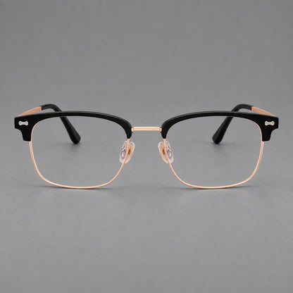 Classic browline titanium glasses with fine lower rims and subtle corner accents in Black and Rose Gold, front view additional product view