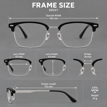 Classic browline titanium glasses with fine lower rims and subtle corner accents, size guide in millimetres additional product view