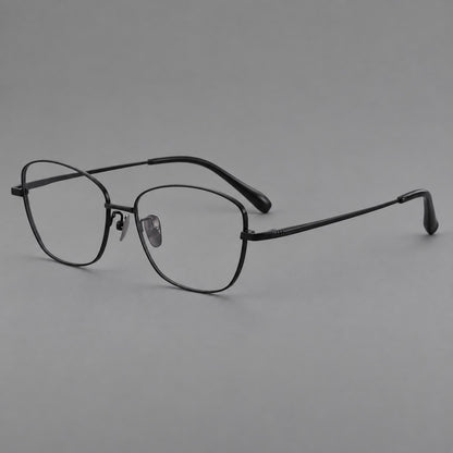 Soft square titanium glasses with angled upper corners and decorated hinges in Black, three quarter view