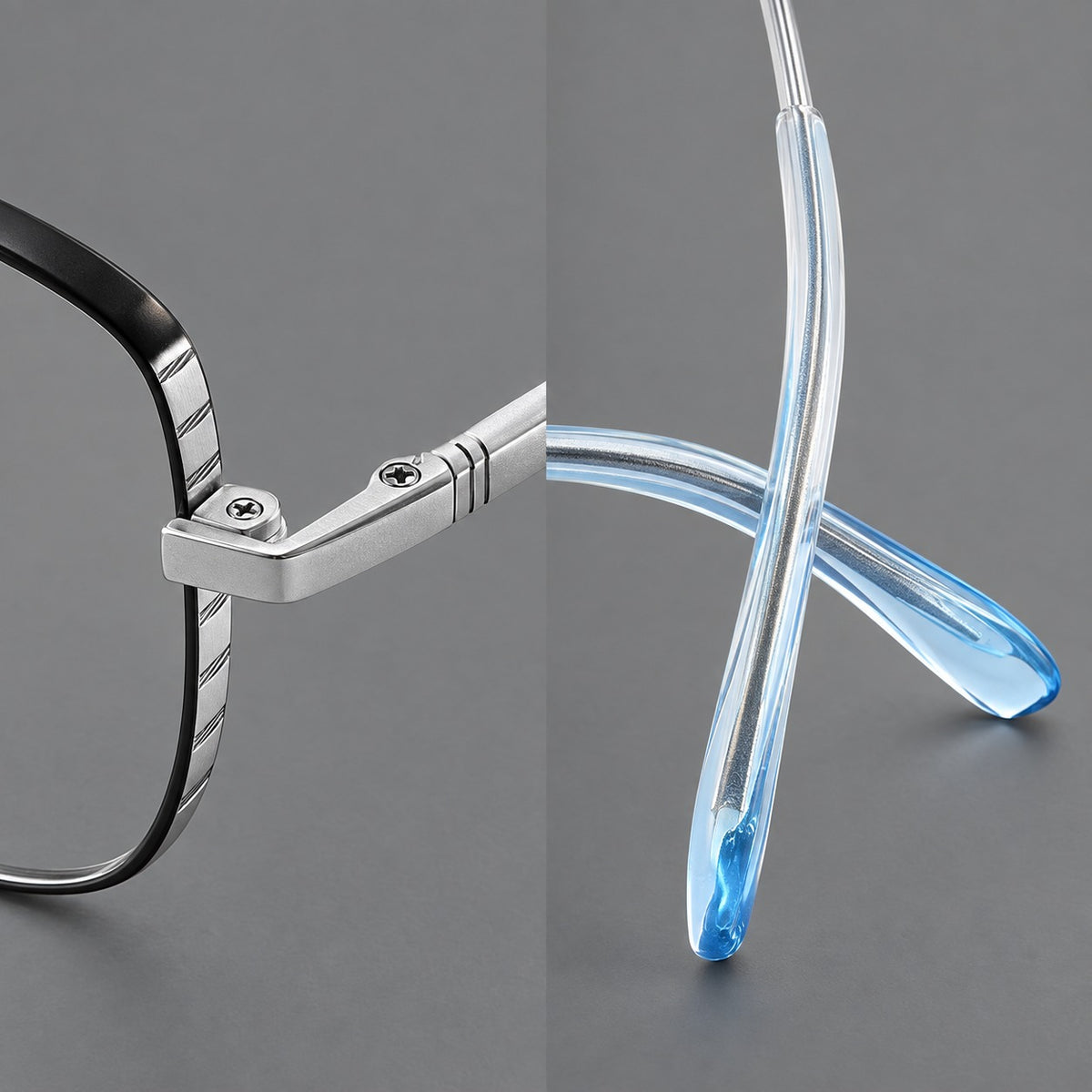 Soft square titanium glasses with angled upper corners and decorated hinges, frame details