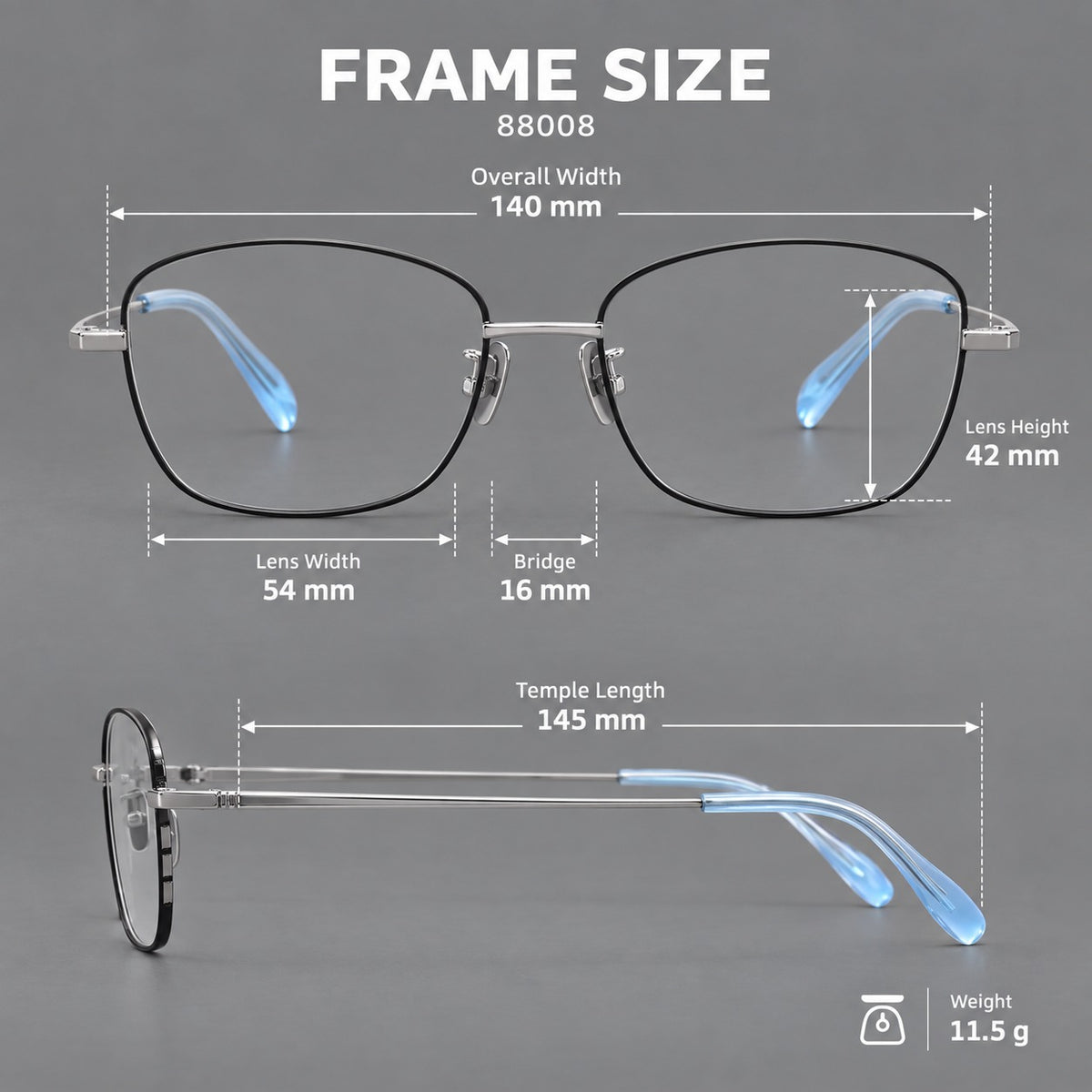 Soft square titanium glasses with angled upper corners and decorated hinges, size guide in millimetres