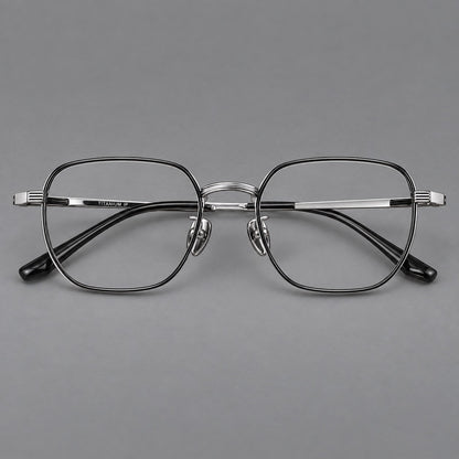 Retro square titanium glasses with rounded rims and finely grooved shoulders in Black and Silver, front view frame detail