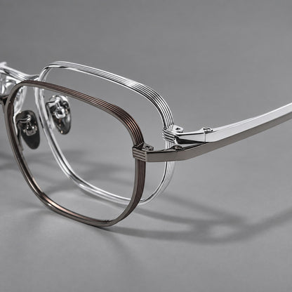 Retro square titanium glasses with rounded rims and finely grooved shoulders, frame details additional product view