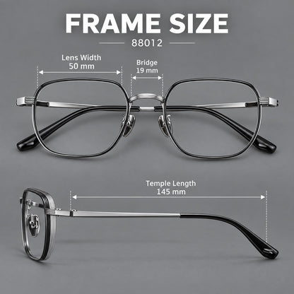Retro square titanium glasses with rounded rims and finely grooved shoulders, size guide in millimetres additional product view