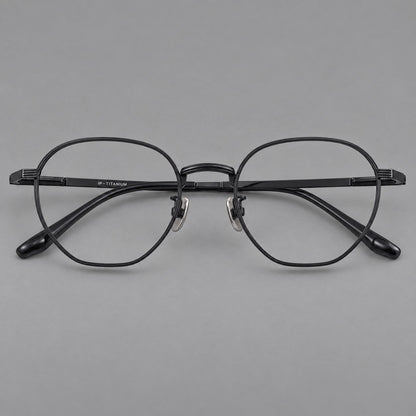 Retro panto titanium glasses with a curved bridge and fine parallel rim grooves in Black, front view side view
