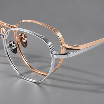 Retro panto titanium glasses with a curved bridge and fine parallel rim grooves, frame details additional product view