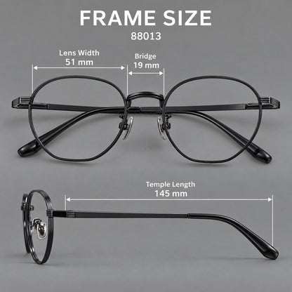 Retro panto titanium glasses with a curved bridge and fine parallel rim grooves, size guide in millimetres additional product view