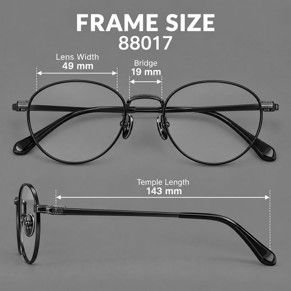 Rounded panto titanium glasses with a raised bridge and dotted temple accents, size guide in millimetres