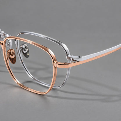 Deep square titanium glasses with a flatter brow and grooved outer shoulders, frame details additional product view