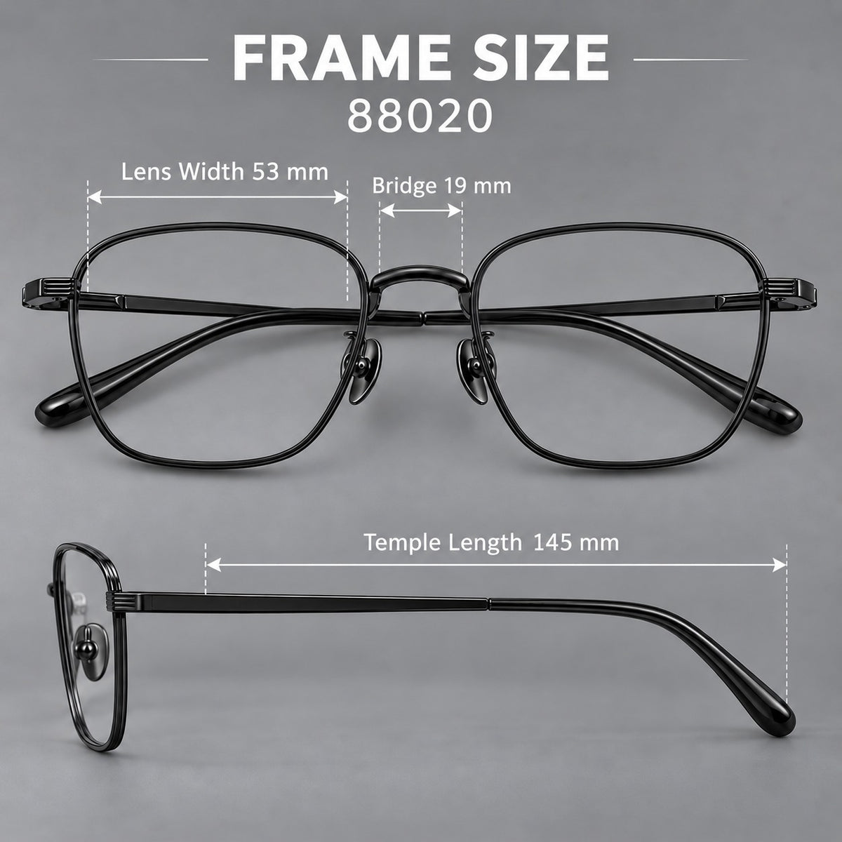 Deep square titanium glasses with a flatter brow and grooved outer shoulders, size guide in millimetres