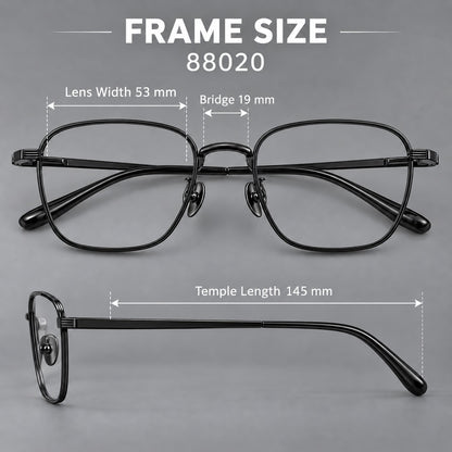Deep square titanium glasses with a flatter brow and grooved outer shoulders, size guide in millimetres additional product view