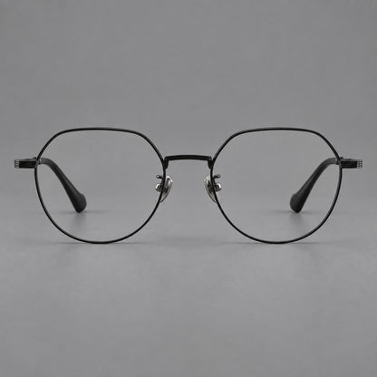 Geometric titanium glasses with soft polygonal rims and fine shoulder detailing in Black, front view side view