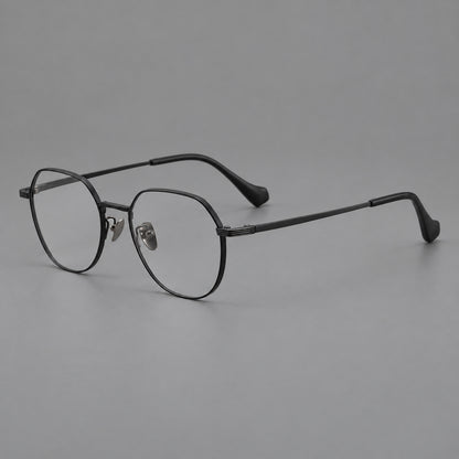 Geometric titanium glasses with soft polygonal rims and fine shoulder detailing in Black, three quarter view