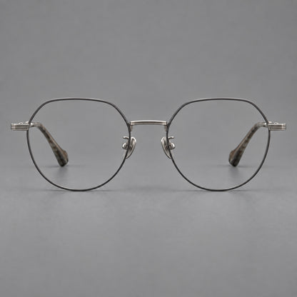 Geometric titanium glasses with soft polygonal rims and fine shoulder detailing in Grey and Silver, front view additional product view