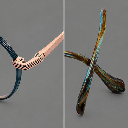 Geometric titanium glasses with soft polygonal rims and fine shoulder detailing, frame details additional product view