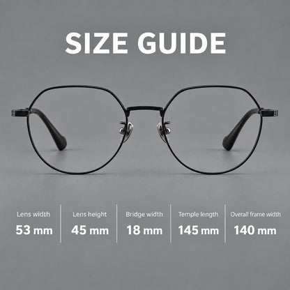Geometric titanium glasses with soft polygonal rims and fine shoulder detailing, size guide in millimetres additional product view