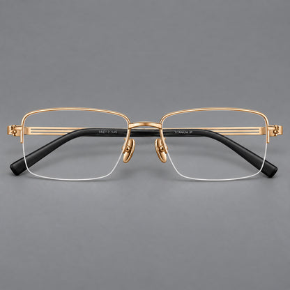Classic half frame titanium glasses with rectangular lenses and lined temples in Gold, front view temple detail