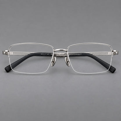 Classic half frame titanium glasses with rectangular lenses and lined temples in Silver, front view additional product view
