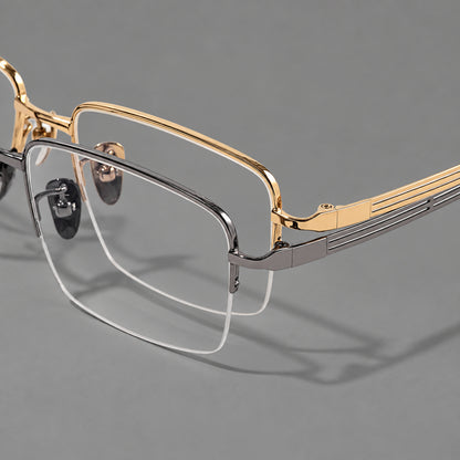 Classic half frame titanium glasses with rectangular lenses and lined temples, frame details additional product view