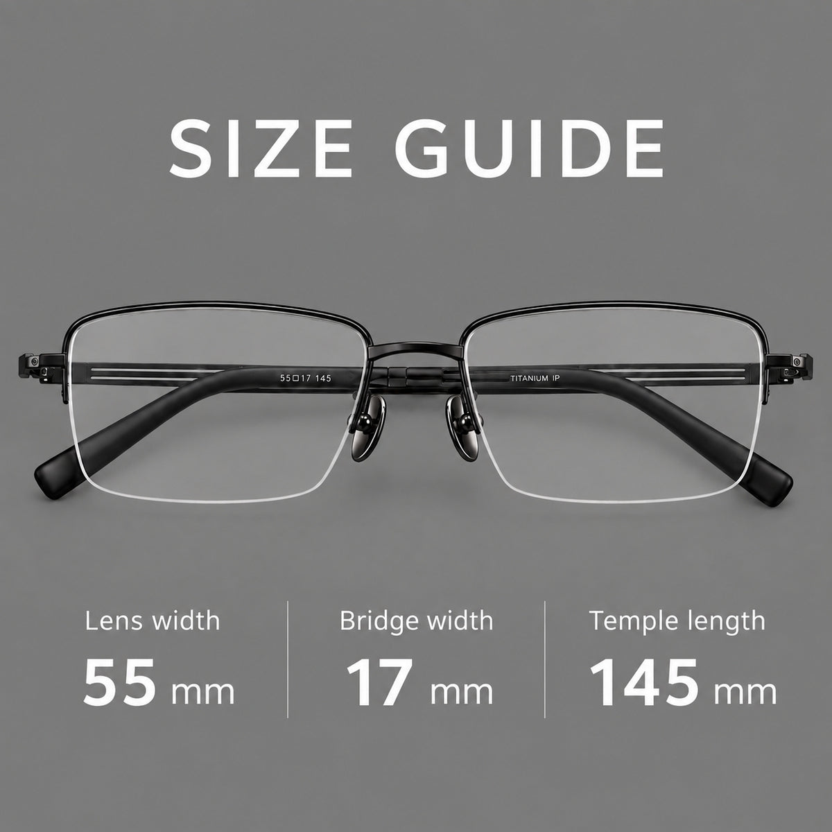 Classic half frame titanium glasses with rectangular lenses and lined temples, size guide in millimetres
