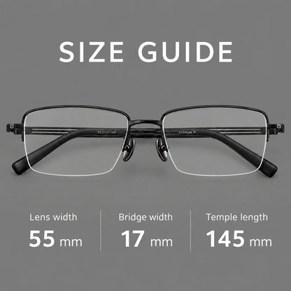 Classic half frame titanium glasses with rectangular lenses and lined temples, size guide in millimetres additional product view