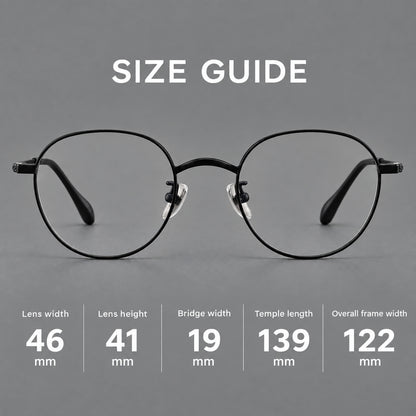 Compact round titanium glasses with an arched bridge and textured temple accents, size guide in millimetres additional product view