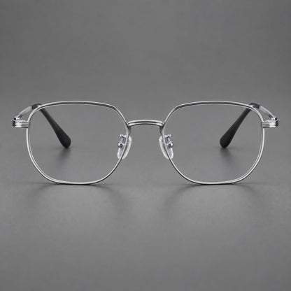 Geometric titanium glasses with flattened corners and a finely ridged bridge in Silver, front view additional product view