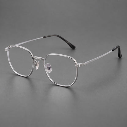 Geometric titanium glasses with flattened corners and a finely ridged bridge in Silver, three quarter view additional product view