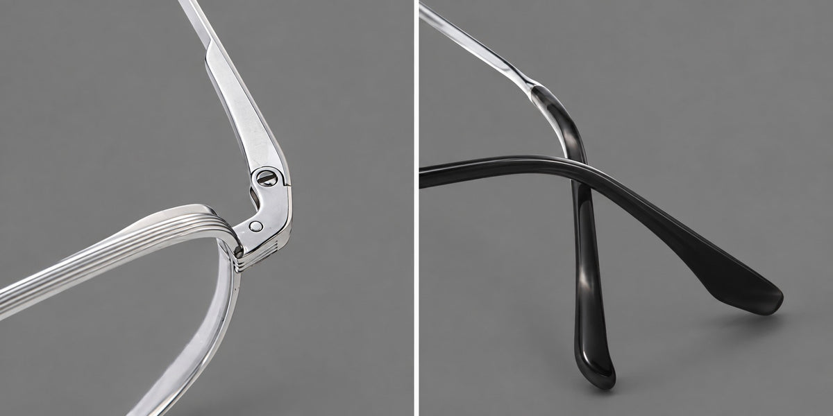 Geometric titanium glasses with flattened corners and a finely ridged bridge, frame details