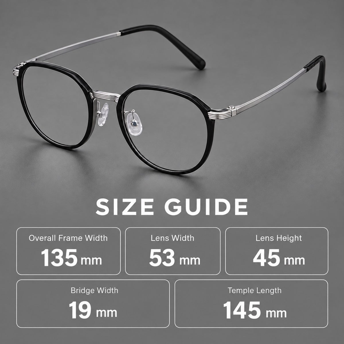 Geometric titanium glasses with flattened corners and a finely ridged bridge, size guide in millimetres