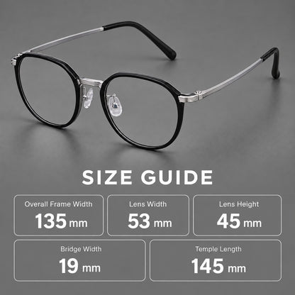 Geometric titanium glasses with flattened corners and a finely ridged bridge, size guide in millimetres additional product view