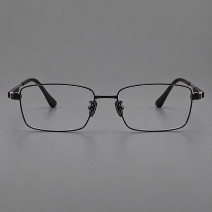 Slim rectangular titanium glasses with broad temples and contrasting dark inserts in Black, front view side view