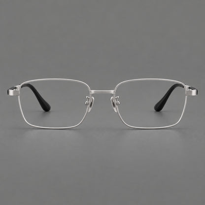 Slim rectangular titanium glasses with broad temples and contrasting dark inserts in Silver, front view additional product view