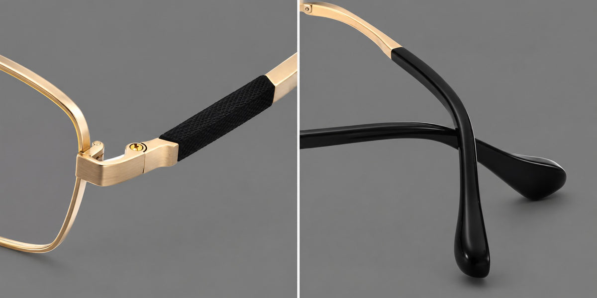 Slim rectangular titanium glasses with broad temples and contrasting dark inserts, frame details